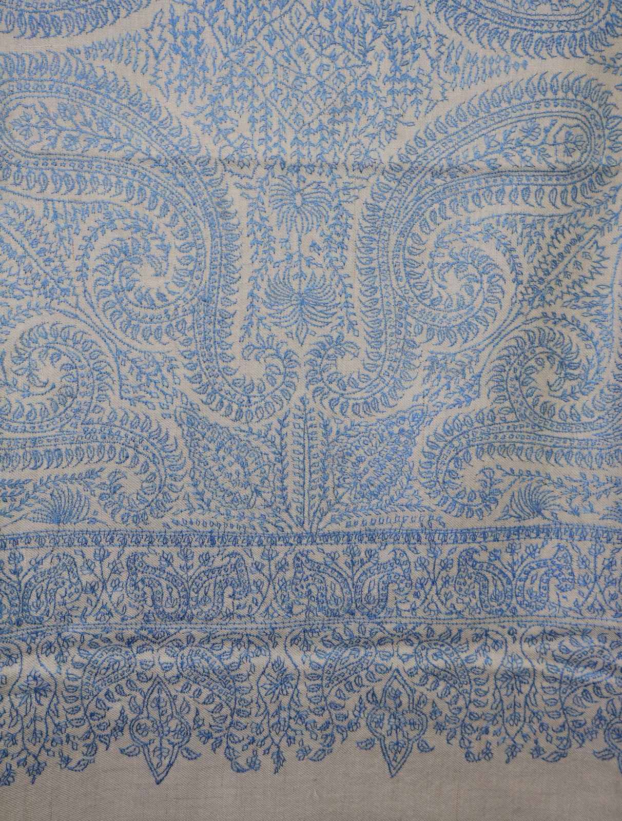 Ivory Base Blue Jamawar Embroidery Pashmina Shawl