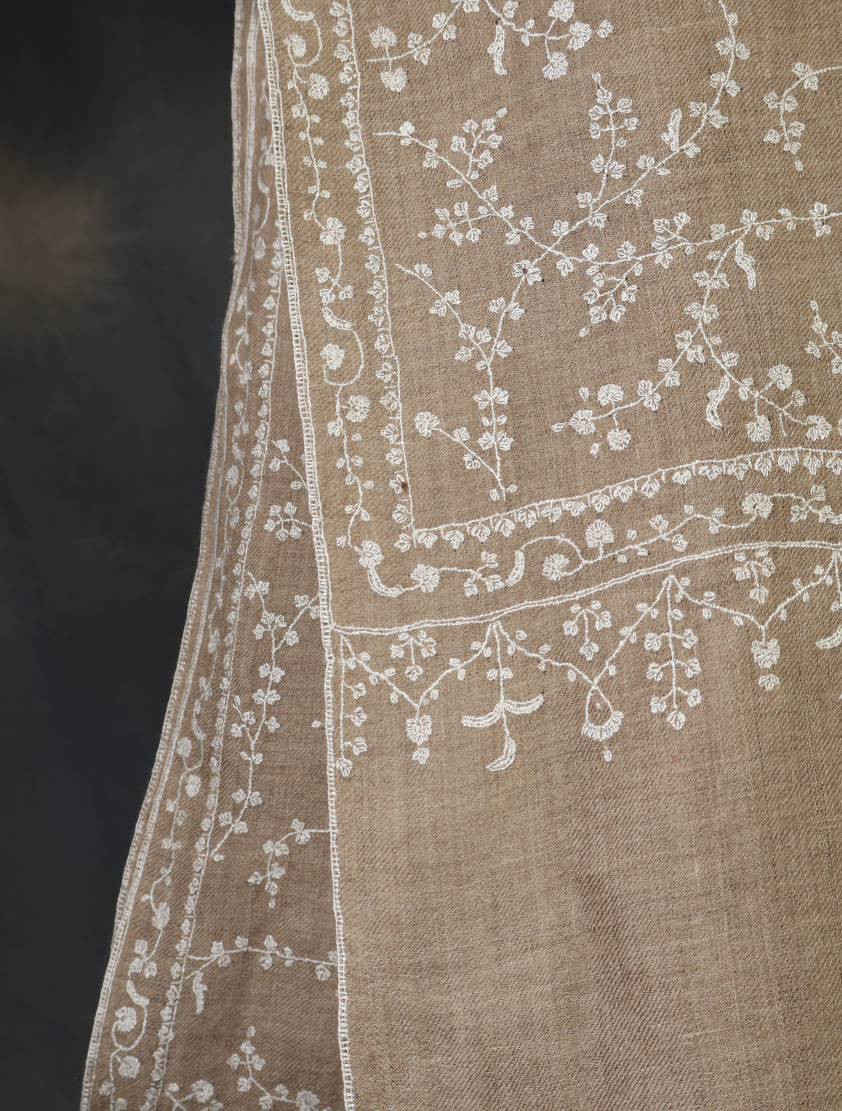 Natural Base With White Jali Embroidery Pashmina Cashmere Scarf