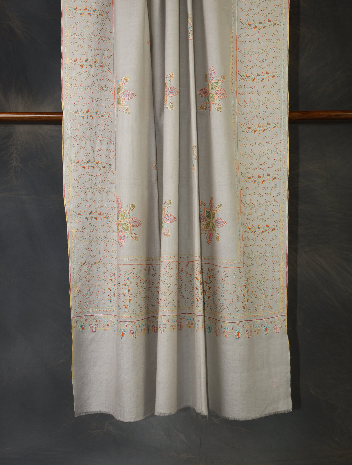 Grey Big Border and Boteh Motif Embroidery Cashmere Pashmina Shawl