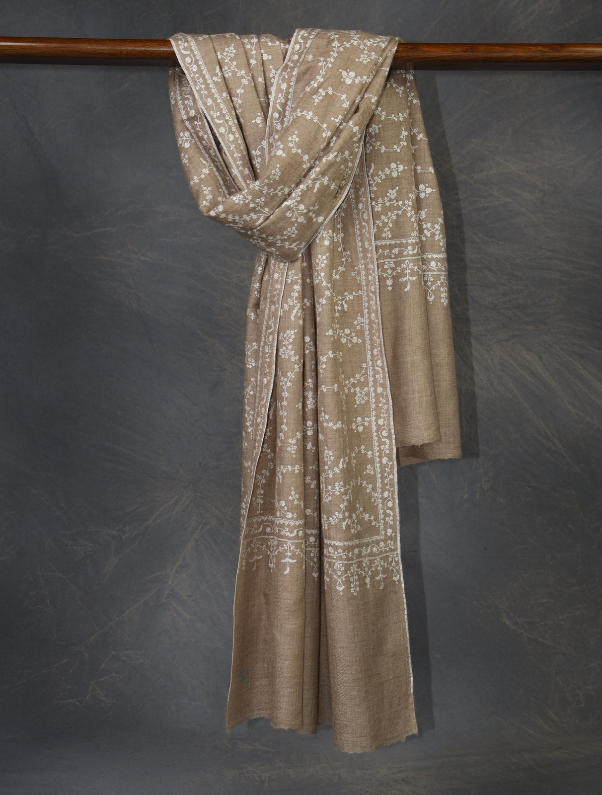 Natural Base With White Jali Embroidery Pashmina Cashmere Scarf