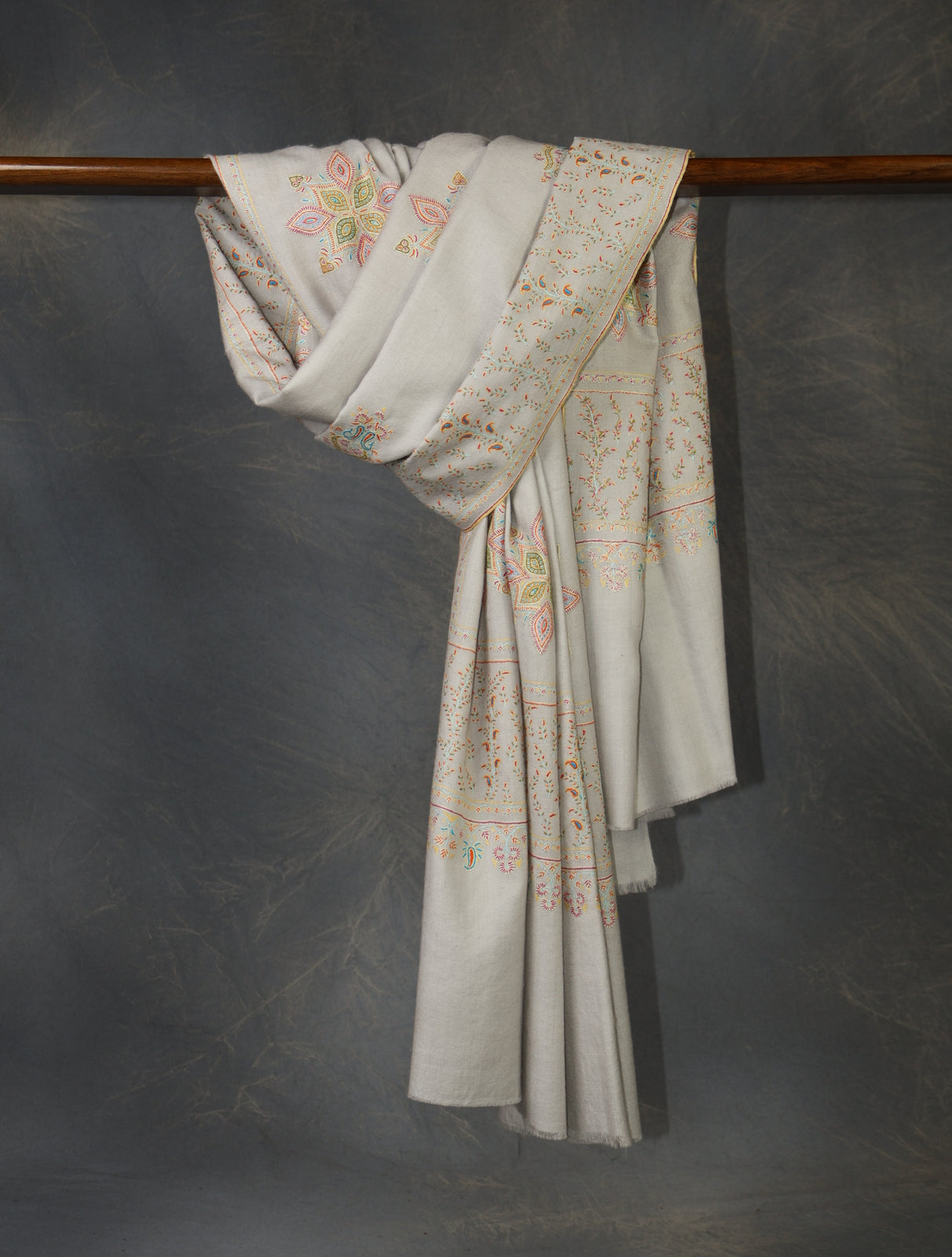 Grey Big Border and Boteh Motif Embroidery Cashmere Pashmina Shawl