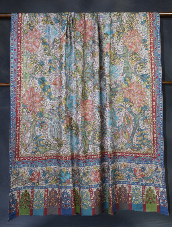 3 Yard Ivory Base Green Tone Kalamkari Embroidery Pashmina Shawl