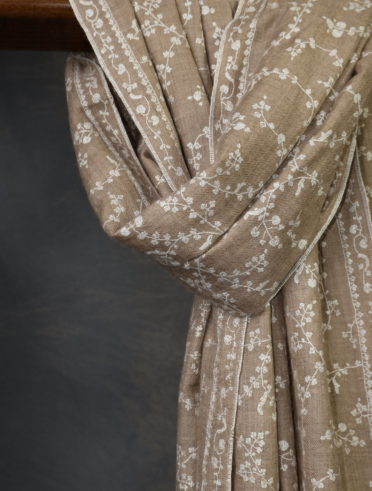 Natural Base With White Jali Embroidery Pashmina Cashmere Scarf