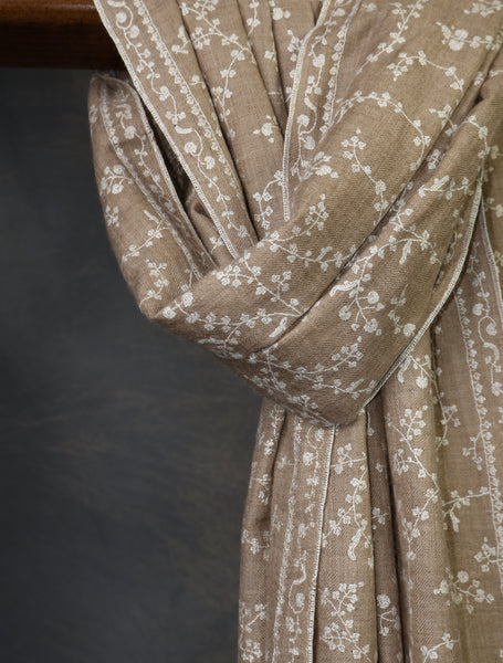 Natural Base With White Jali Embroidery Pashmina Cashmere Scarf