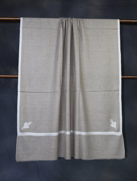 Light Natural Color White Small Border Embroidery Pashmina Shawl