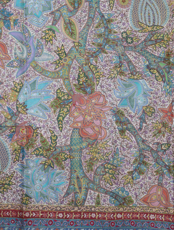 3 Yard Ivory Base Green Tone Kalamkari Embroidery Pashmina Shawl – detail view
