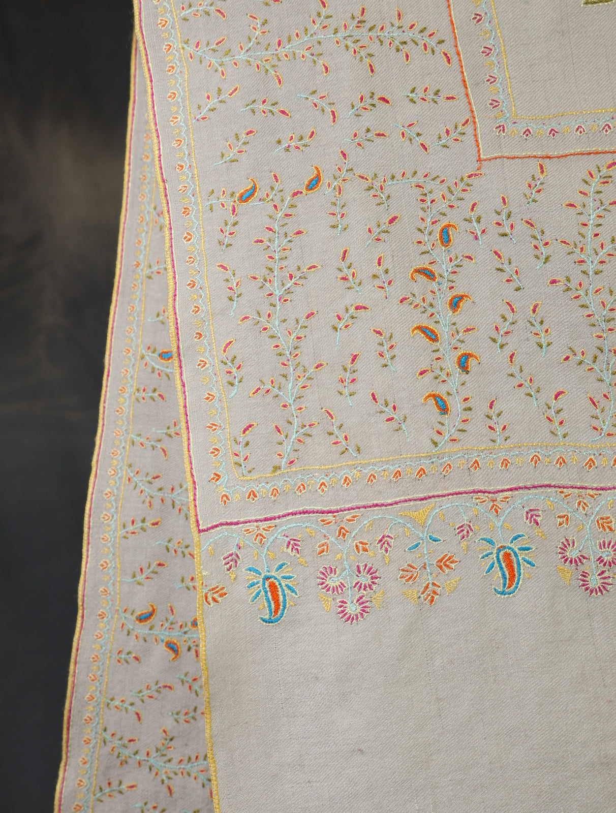 Grey Big Border and Boteh Motif Embroidery Cashmere Pashmina Shawl