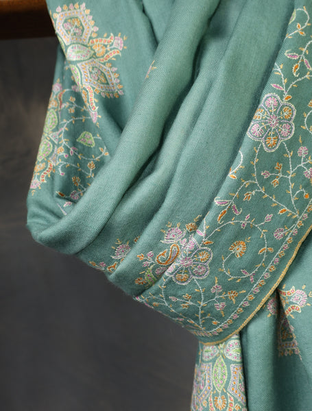Green Big Border And Boteh Motif Embroidery Cashmere Pashmina Shawl