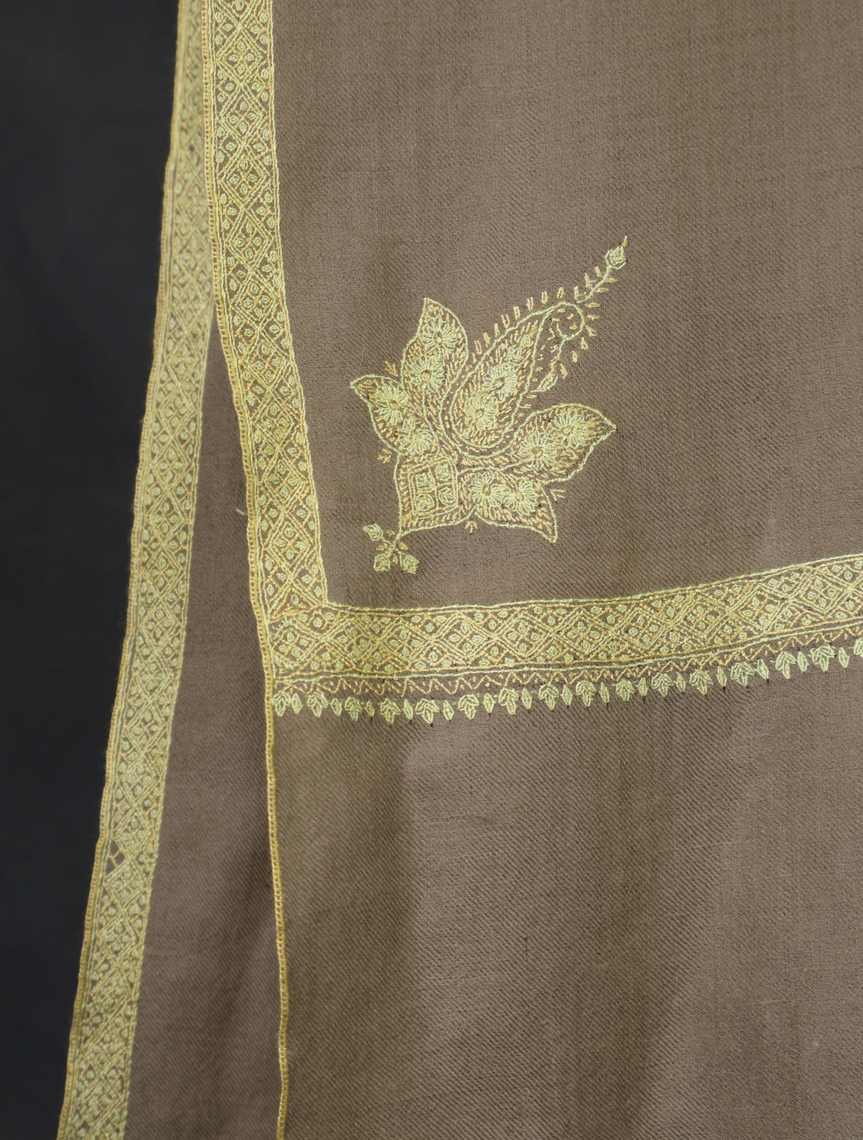 Natural Base Border Yellow Embroidery Cashmere Pashmina Scarf