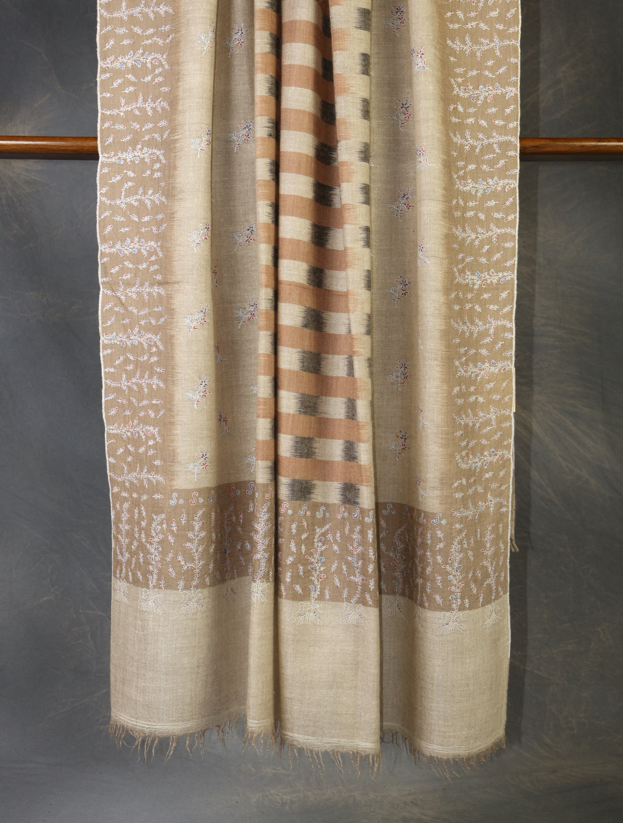 Natural Striped Jali Embroidery Pashmina Cashmere Shawl