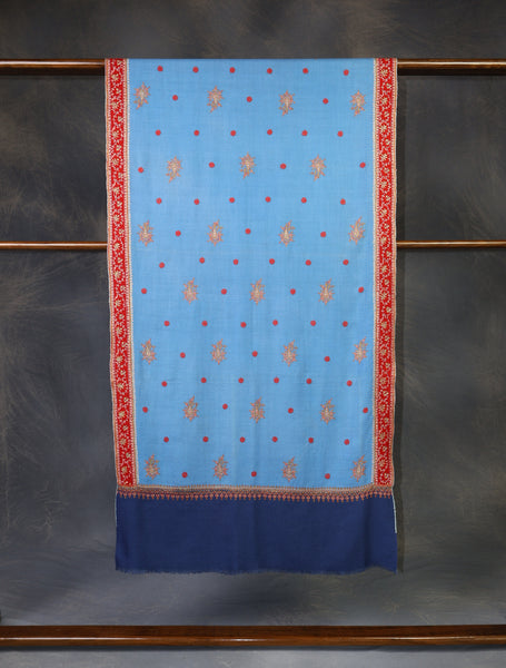 Blue Base With Red Border Embroidery Cashmere Pashmina Scarf