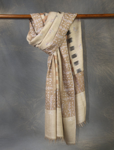 Natural Striped Jali Embroidery Pashmina Cashmere Shawl