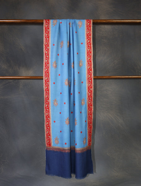 Blue Base With Red Border Embroidery Cashmere Pashmina Scarf