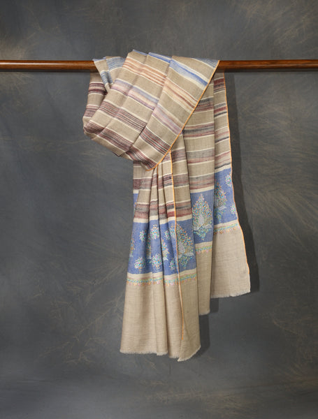 Natural Ikkat Base Blue Big Border Embroidery Cashmere Pashmina Shawl