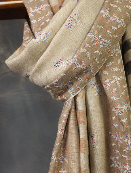 Natural Striped Jali Embroidery Pashmina Cashmere Shawl