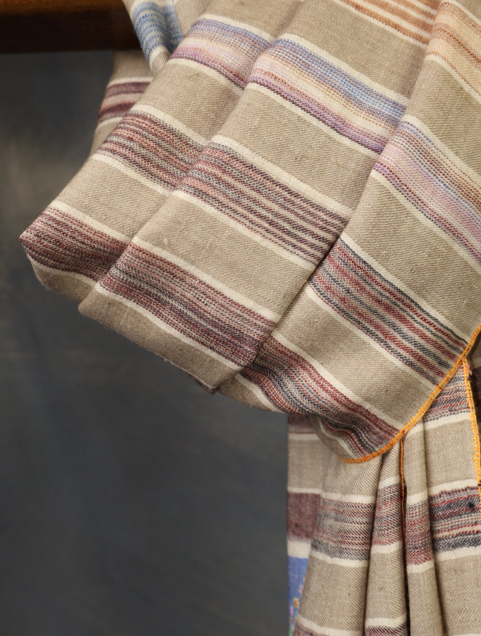 Natural Ikkat Base Blue Big Border Embroidery Cashmere Pashmina Shawl