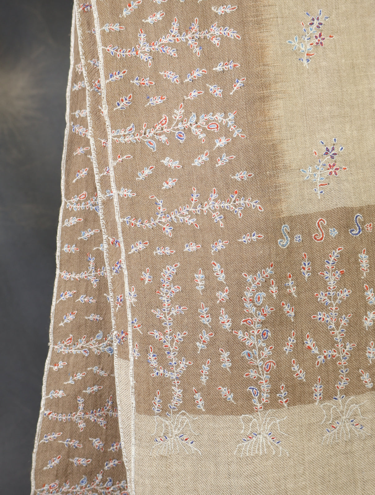 Natural Striped Jali Embroidery Pashmina Cashmere Shawl