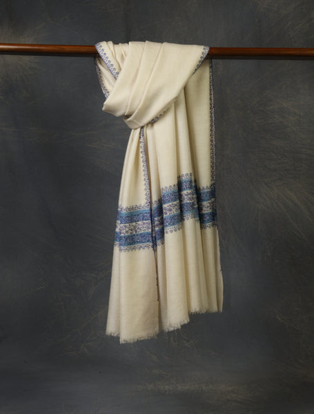 Ivory Base Big Striped Border Embroidery Cashmere Pashmina Shawl