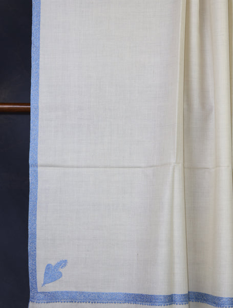 Ivory Color Blue Small Border Embroidery Pashmina Shawl