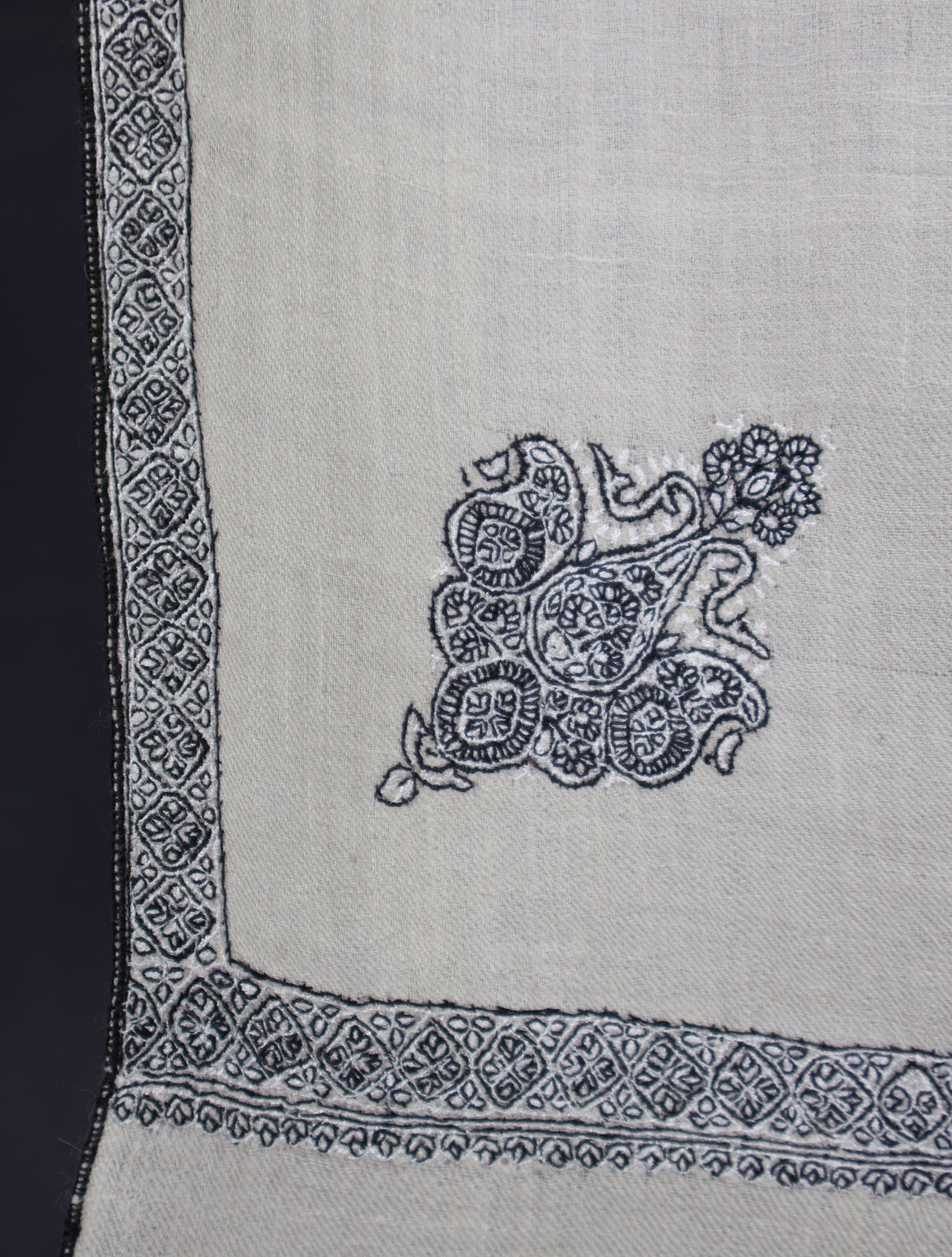 Ivory Color Black Small Border Embroidery Pashmina Shawl