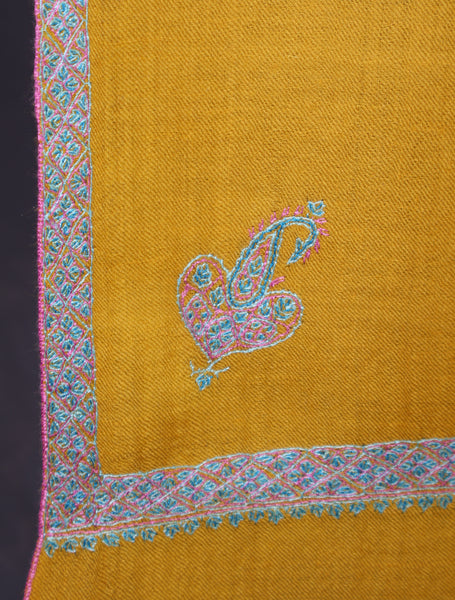 Mustard Color Blue Small Border Embroidery Pashmina Shawl