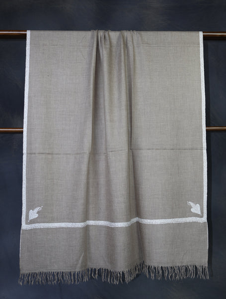 Natural Color White Small Border Embroidery Pashmina Shawl
