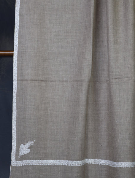 Natural Color White Small Border Embroidery Pashmina Shawl