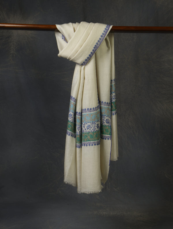 Ivory Base Big Striped Border Embroidery Cashmere Pashmina Shawl