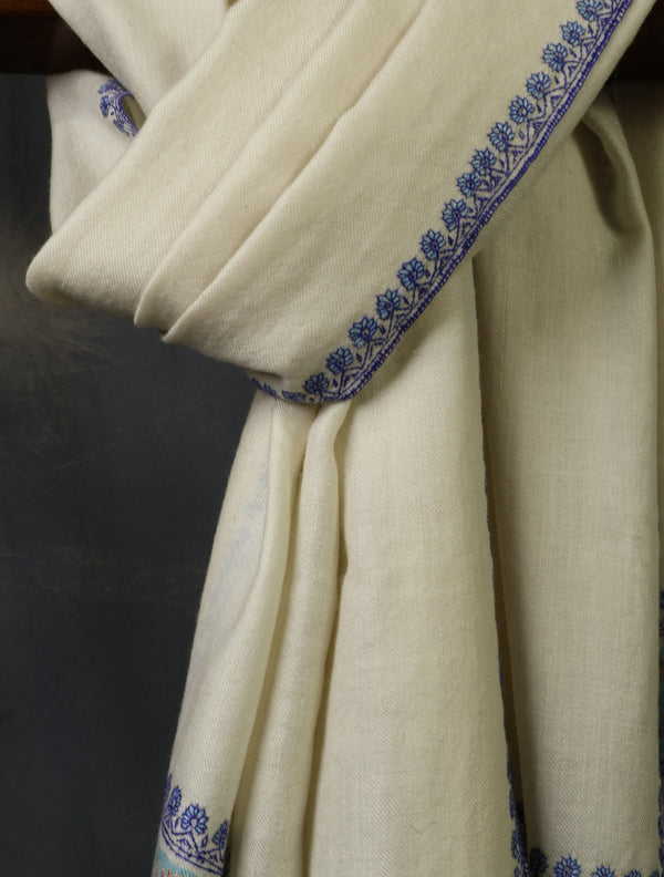 Ivory Base Big Striped Border Embroidery Cashmere Pashmina Shawl – detail view