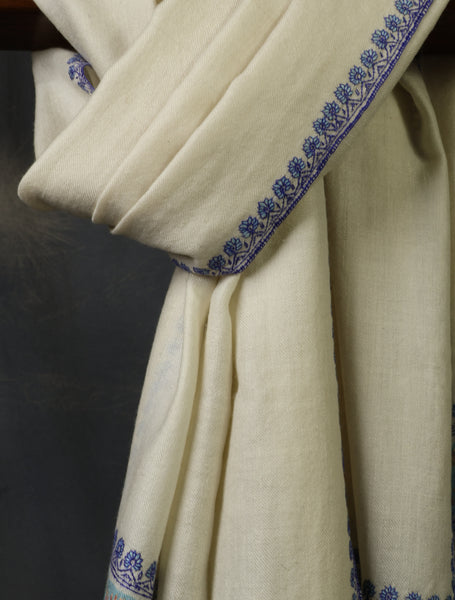 Ivory Base Big Striped Border Embroidery Cashmere Pashmina Shawl