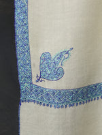 Ivory colour with Blue Small Border Embroidery Cashmere Pashmina Shawl