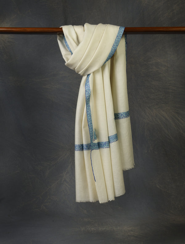 Ivory colour with Blue Small Border Embroidery Cashmere Pashmina Shawl