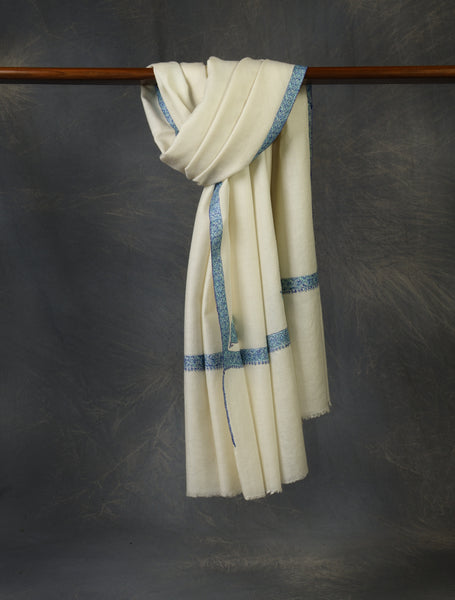 Ivory colour with Blue Small Border Embroidery Cashmere Pashmina Shawl