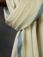 Ivory colour with Blue Small Border Embroidery Cashmere Pashmina Shawl