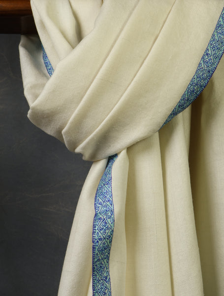 Ivory colour with Blue Small Border Embroidery Cashmere Pashmina Shawl