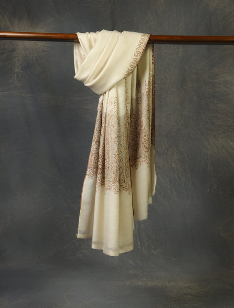 Ivory Base Big Border Embroidery Cashmere Pashmina Shawl