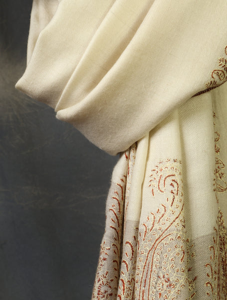 Ivory Base Big Border Embroidery Cashmere Pashmina Shawl