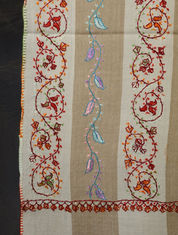 Ivory And Natural Striped Jali Embroidery Merino Shawl