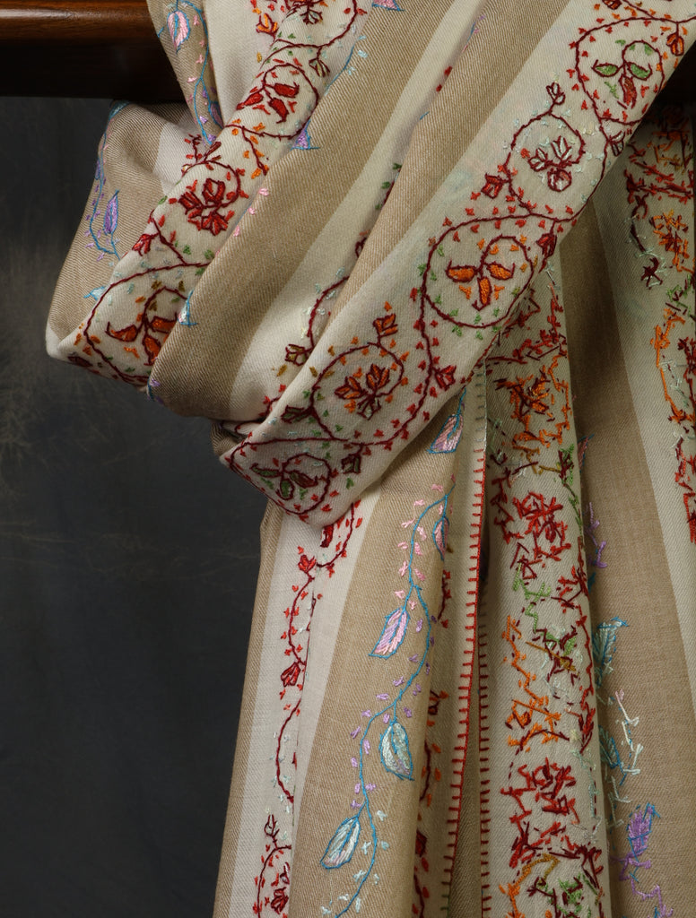 Ivory And Natural Striped Jali Embroidery Merino Shawl