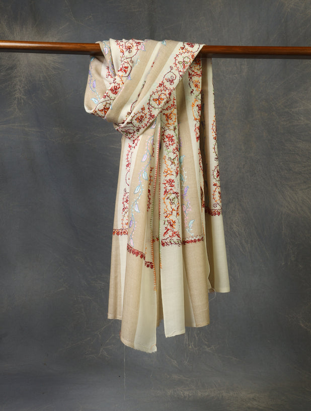 Ivory And Natural Striped Jali Embroidery Merino Shawl
