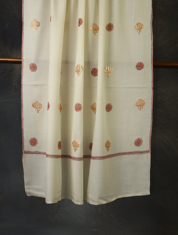 Ivory Zari Buteh Embroidery Merino Shawl