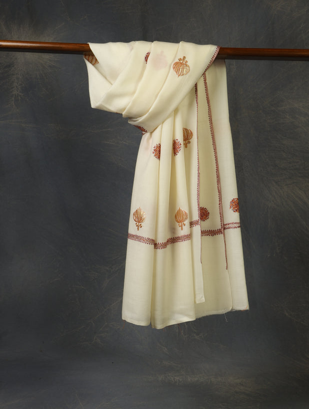 Ivory Zari Buteh Embroidery Merino Shawl