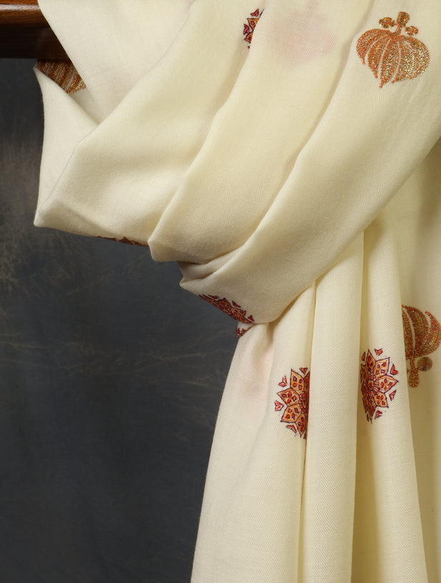 Ivory Zari Buteh Embroidery Merino Shawl