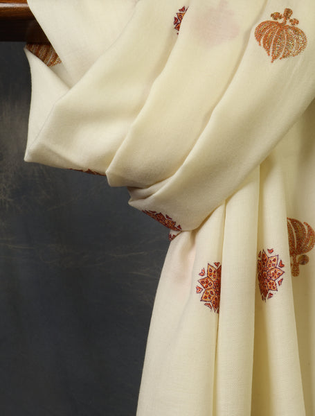 Ivory Zari Buteh Embroidery Merino Shawl
