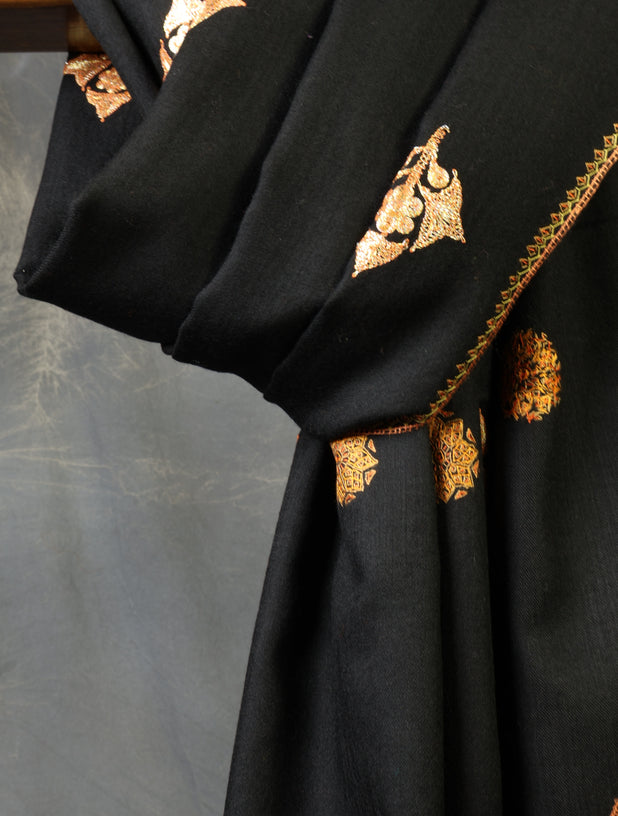 Black Zari Buteh Embroidery Merino Shawl