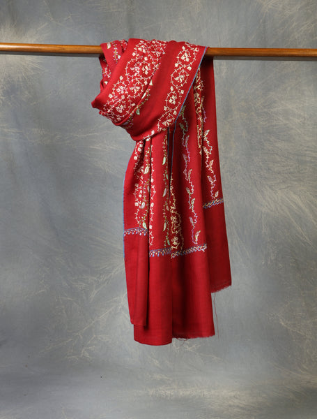 Red Striped Jali Embroidery Merino Shawl