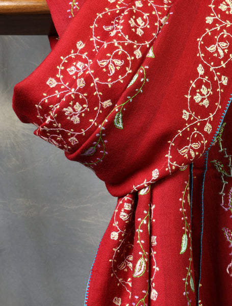 Red Striped Jali Embroidery Merino Shawl