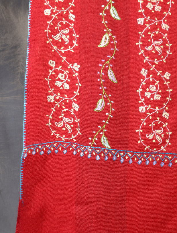 Red Striped Jali Embroidery Merino Shawl
