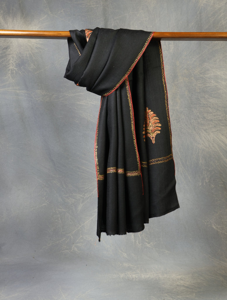 Black Buteh Embroidery Merino Shawl