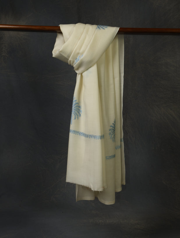 Ivory Buteh Embroidery Merino Shawl